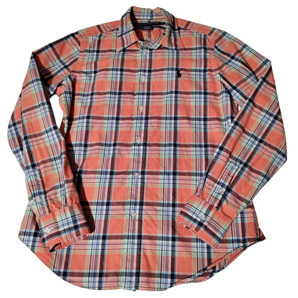 Ralph Lauren Sport Men Plaid Button Down Shirt Coral Blue Green Cotton Sz 10 (M)
